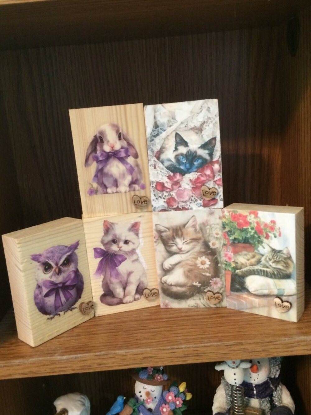 6pc Set Country Pine Animal MINI Block Shelf Desk Decor Cats Bunny Owl 3"X2.5"